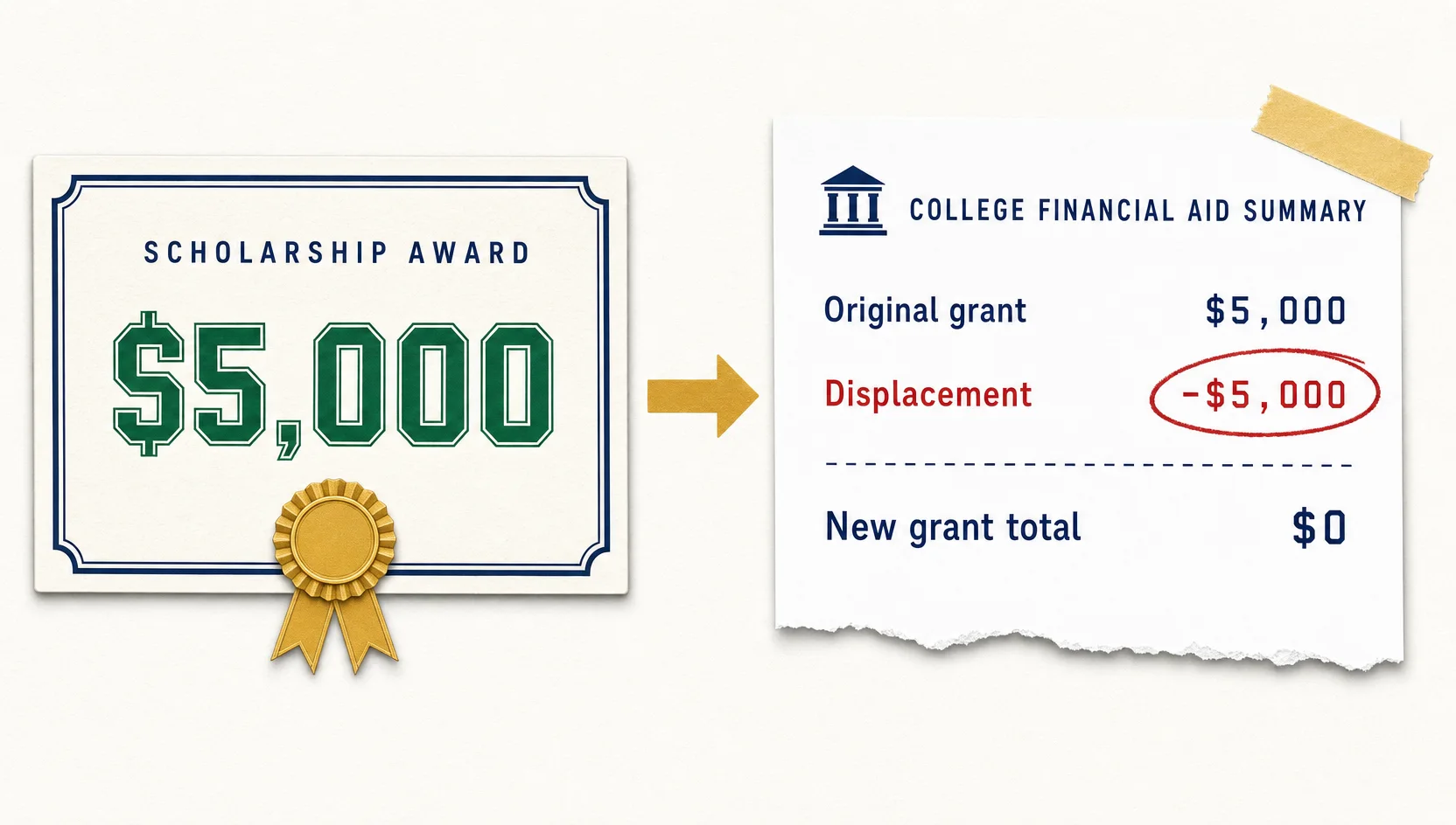 A $5,000 scholarship award certificate beside a college financial aid summary listing an original grant of $5,000, a displacement line subtracting $5,000 circled in red, and a new grant total of $0.